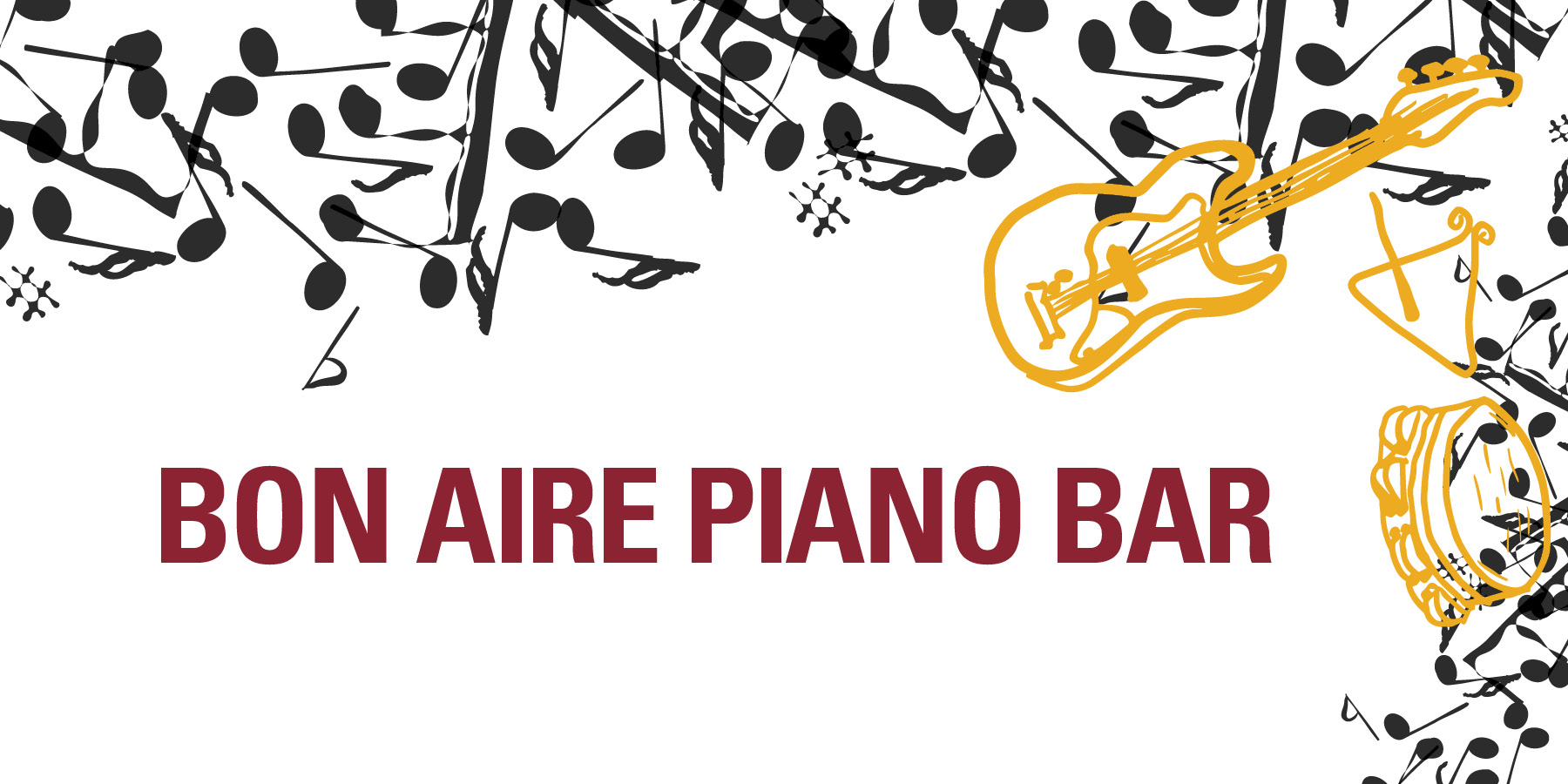Black and gold music notes and instrument icons surround the words, "Bon Aire Piano Bar".