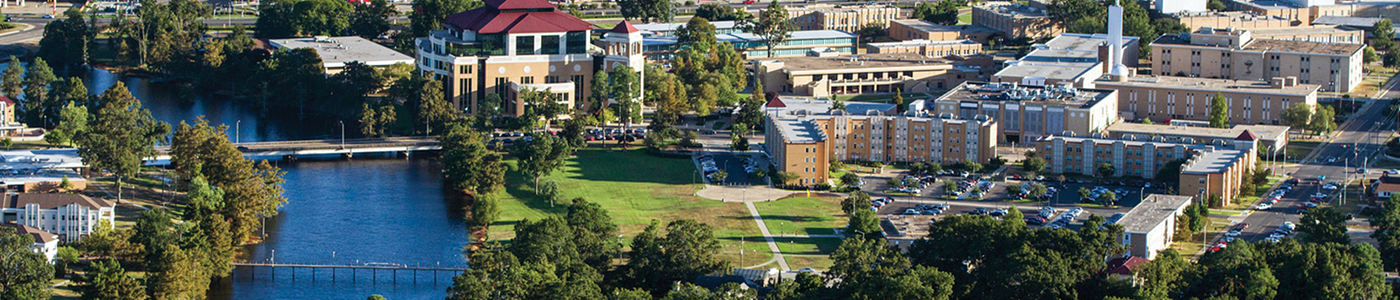 view of Bayou Desiard on campus, library and footbridge