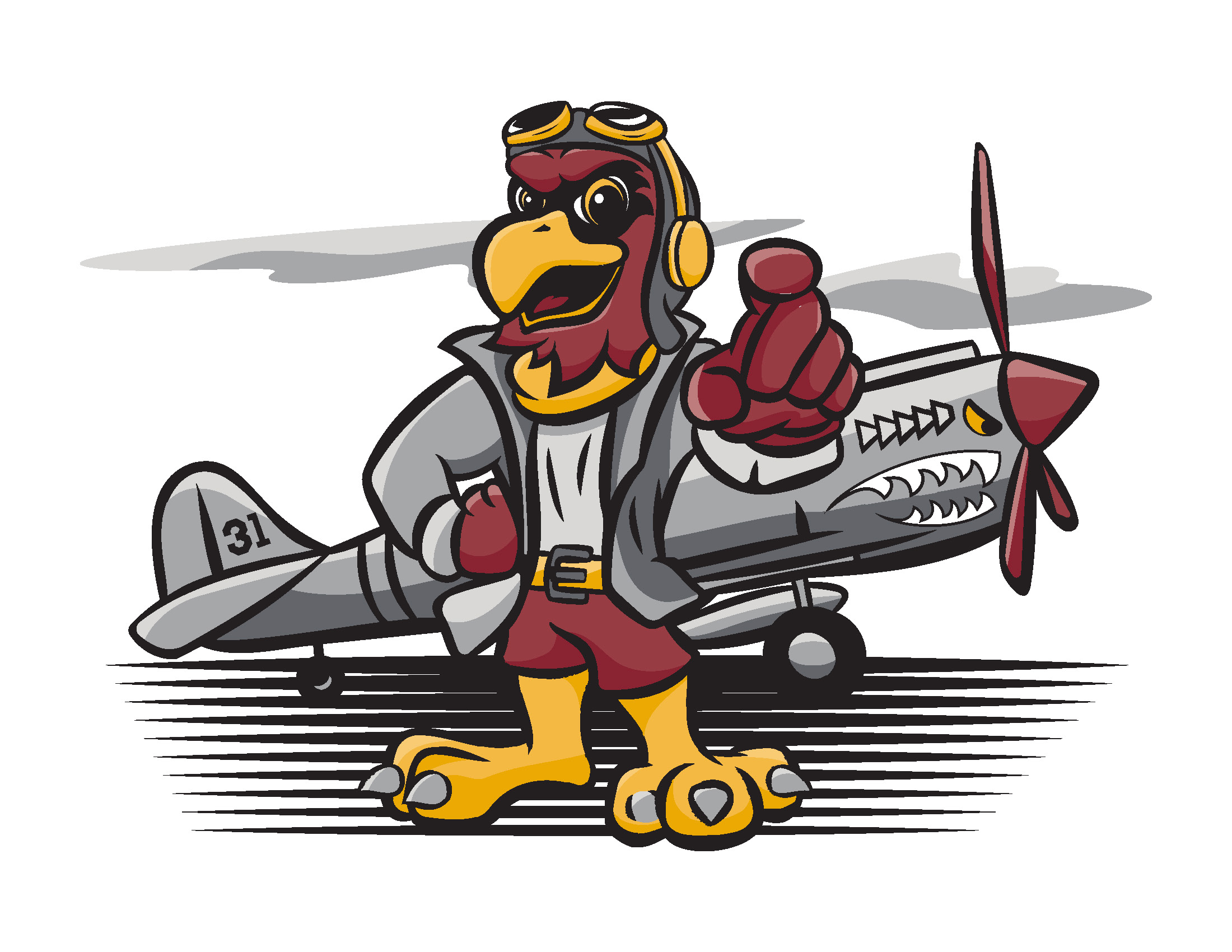 A cartoon drawing of Ace in front of a P-40 Warhawk.