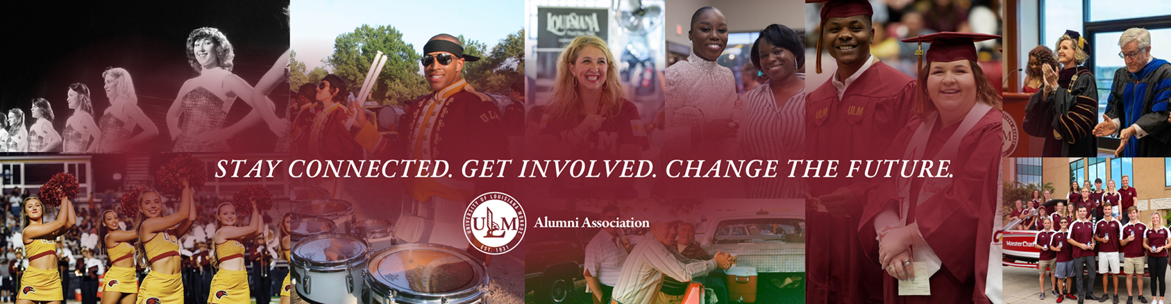 The ULM Alumni Association logo with an image of a heron on a cypress tree over a bayou.