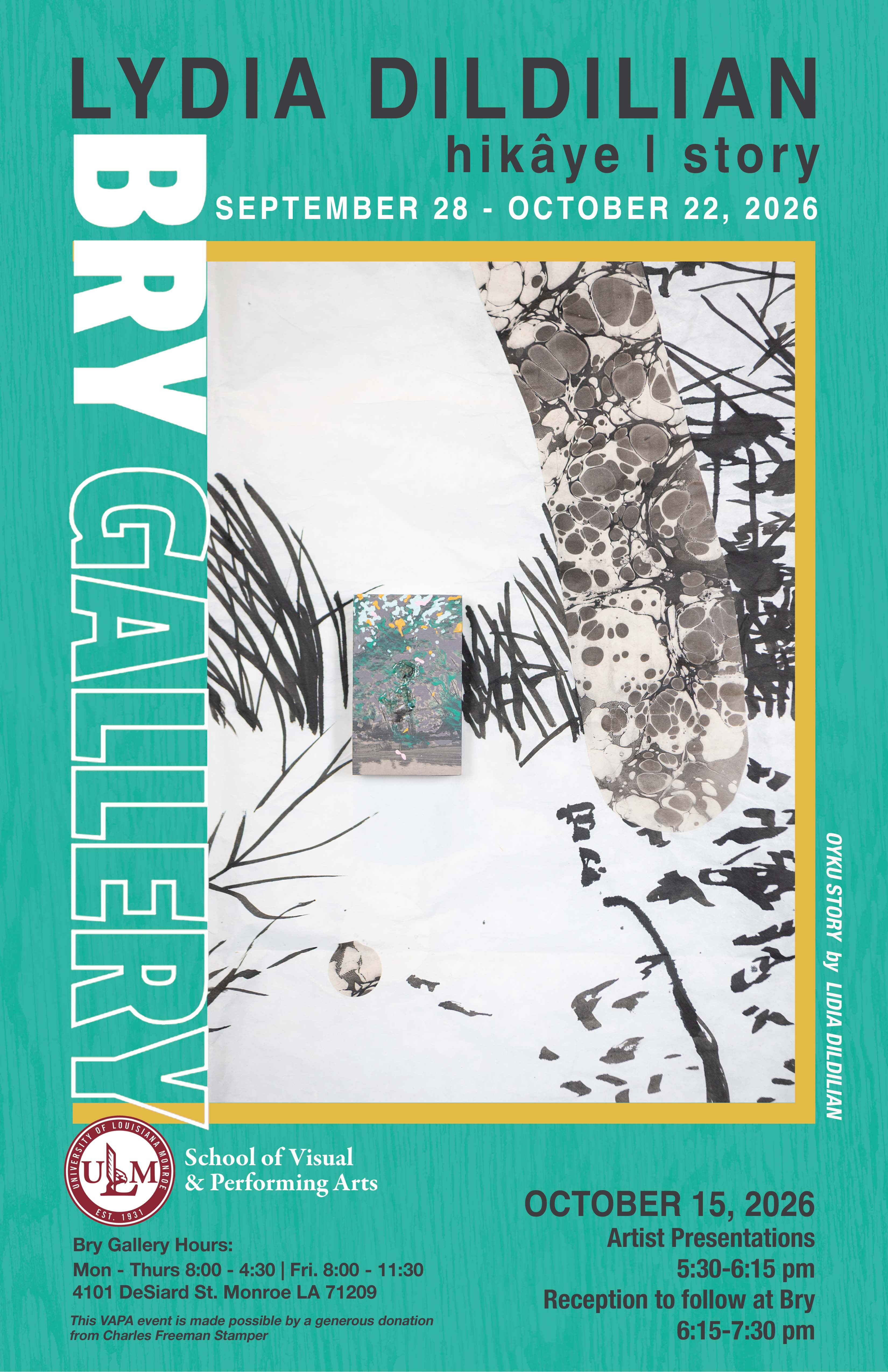 The Lydia Dildilian Art Exhibition will take place in Bry Art Gallery on the ULM Campus from September through October 22, 2026.