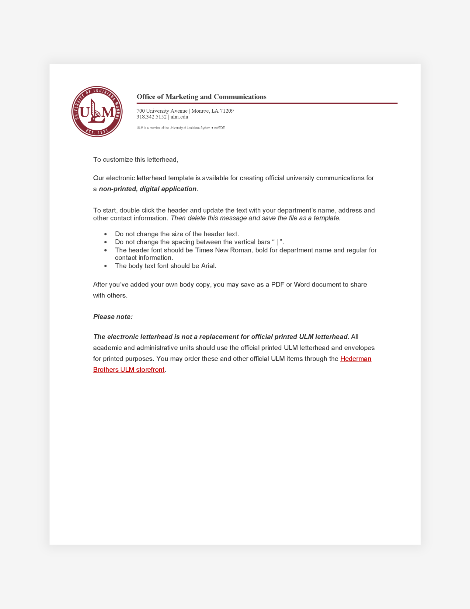 ULM Digital Letterhead Visual Example