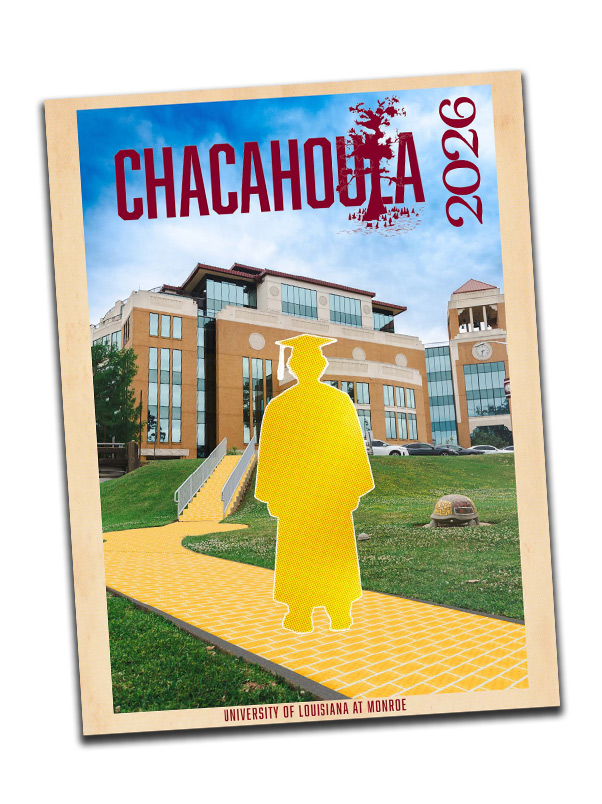 2026 Chacahoula cover, color silhouette of a student in front of Library