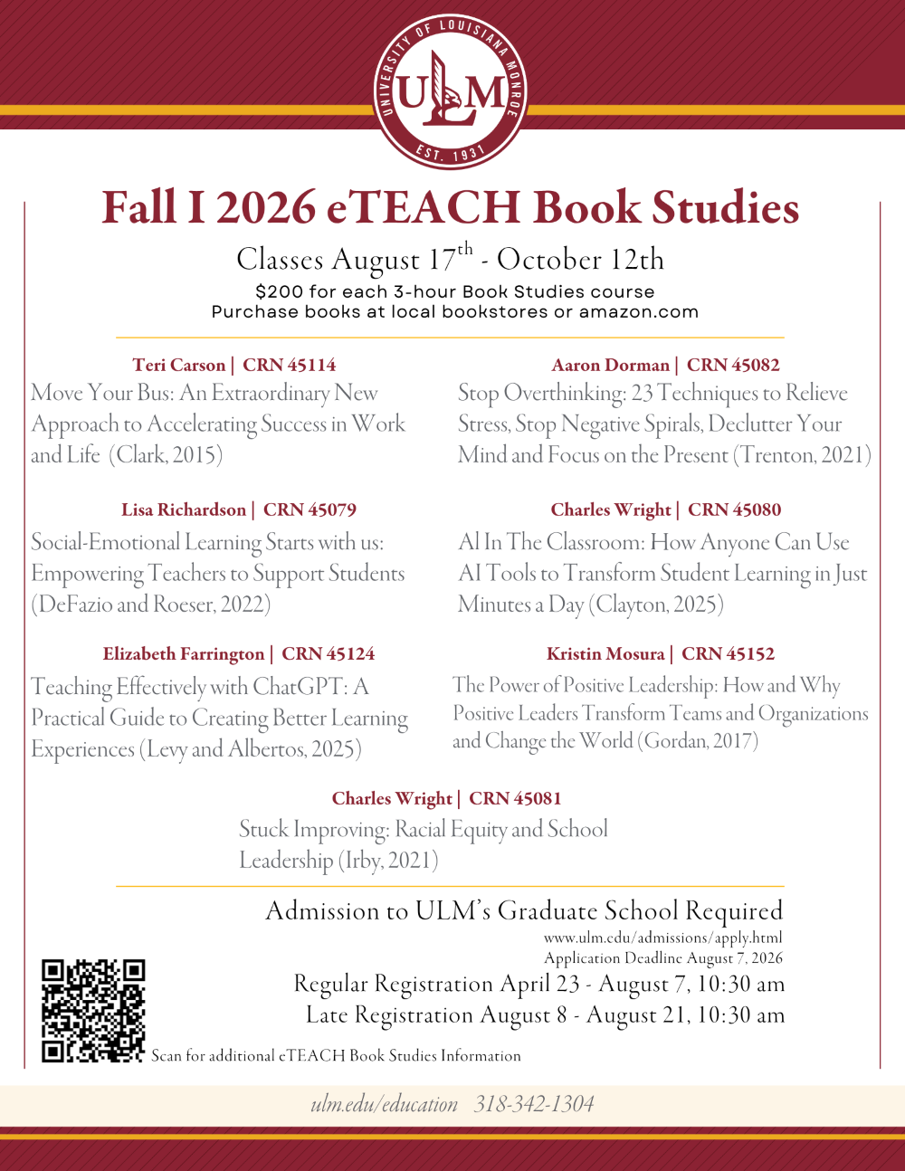 These Fall 2026 eTEACH Book Studies courses are offered by the University of Louisiana at Monroe for $200 per 3-hour course