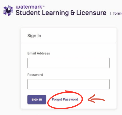 login screen for the Watermark login screen for the Watermark Student Learning & Licensure platform.