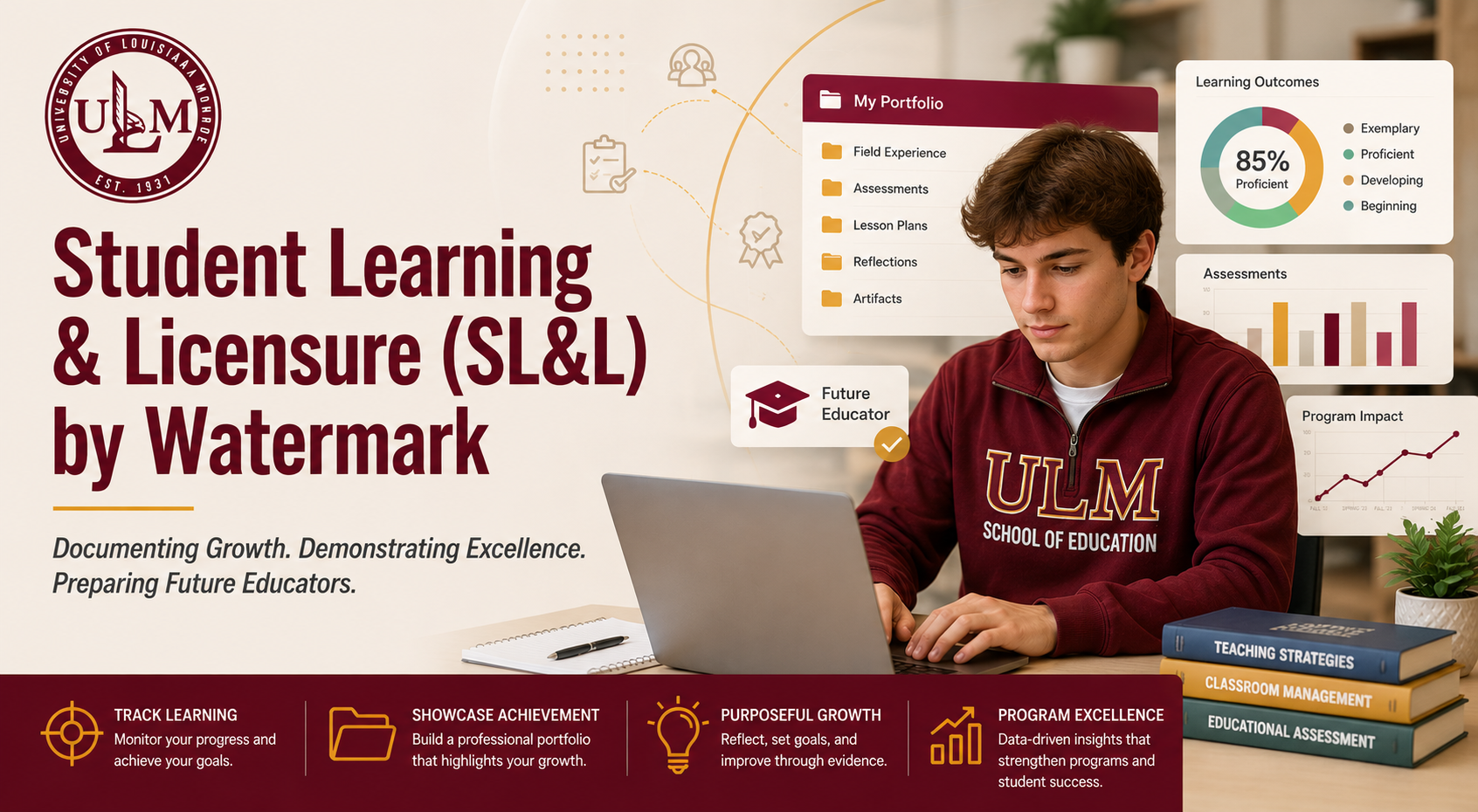 description of the Student Learning & Licensure (SL&L) platform by Watermark, featuring a student using a laptop and branded ULM School of Education