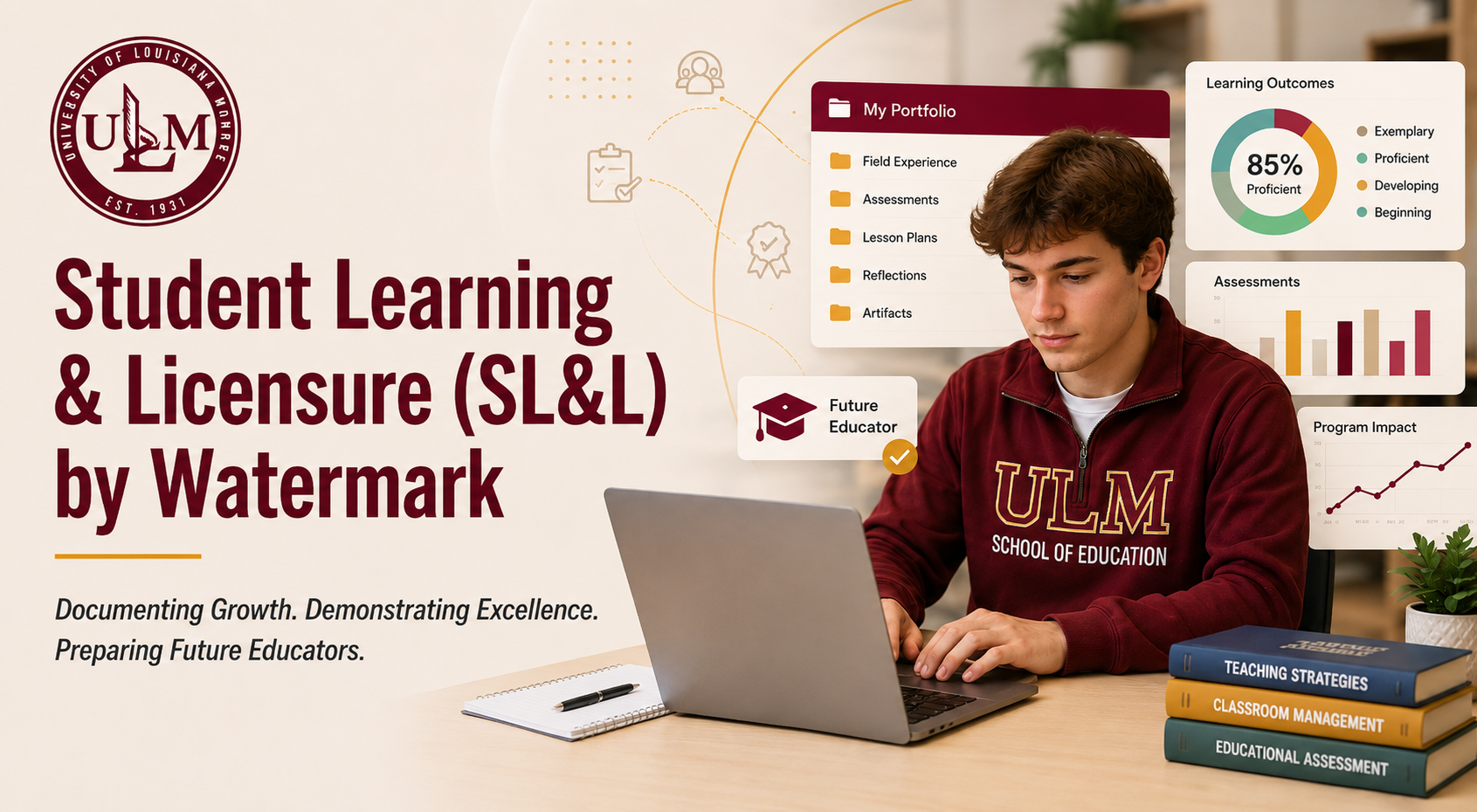 University of Louisiana Monroe University of Louisiana Monroe (ULM) School of Education promoting its use of the Watermark "Student Learning & Licensure" platform