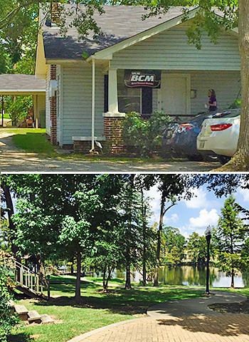 two outside views of the house including one with bayou in background