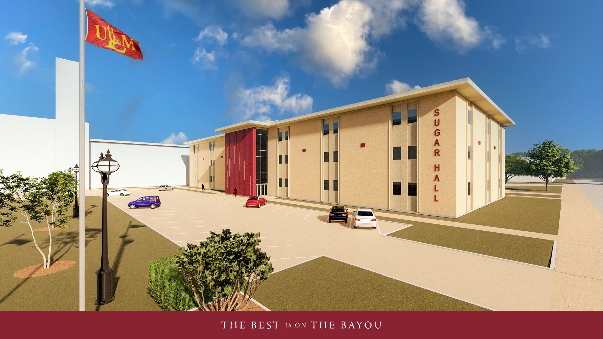 Architectural rendering of Sugar Hall. A building with a brick facade and cars parked in front. A ULM flag waves in the foreground. 