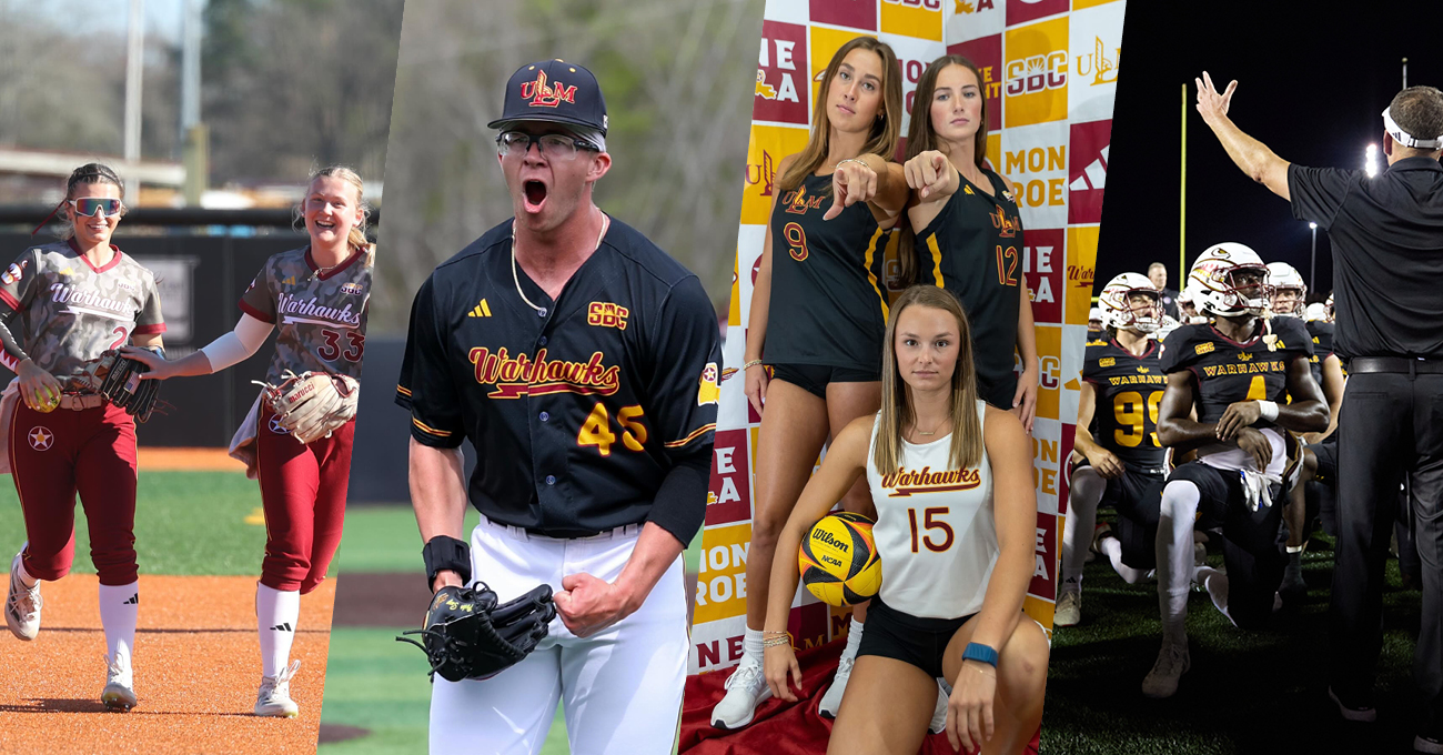 A collage of four photos depicting various ULM athletes in uniforms. 