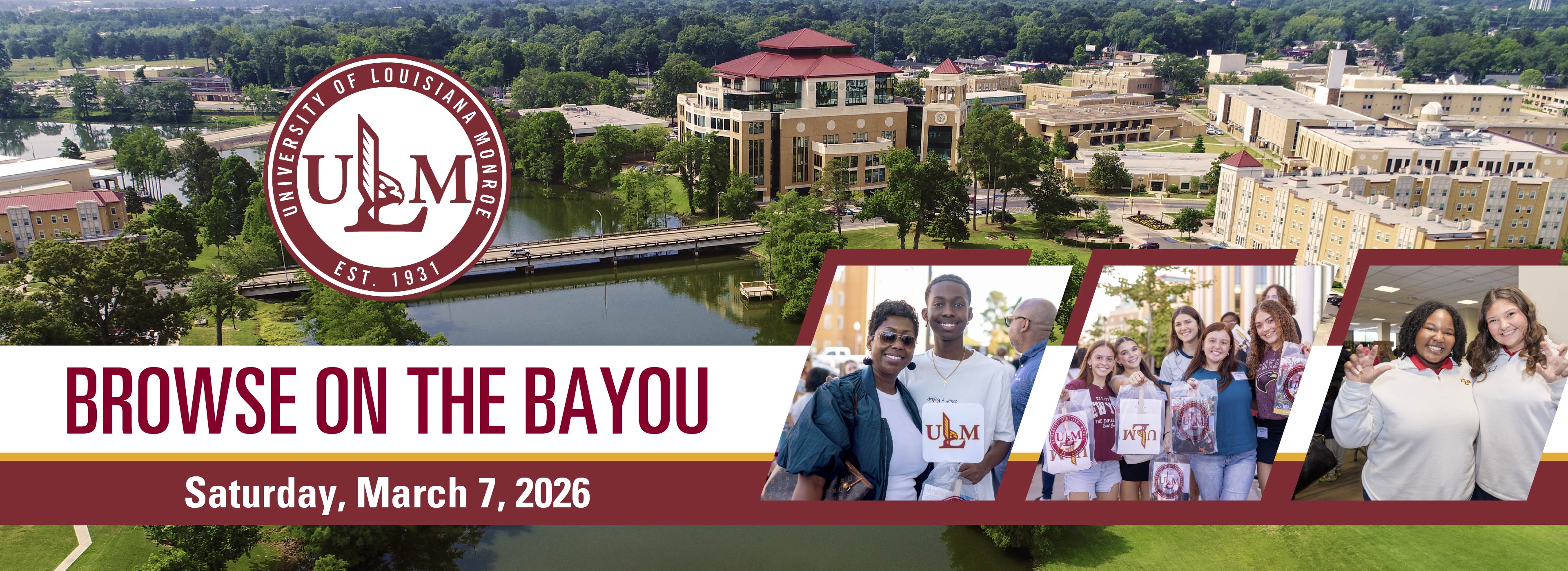 Browse on the Bayou 2026, collage of photos including  aerial image of campus with bayou, mother and son visiting campus, group of friends on campus, and two female student leaders giving talons out hand signal