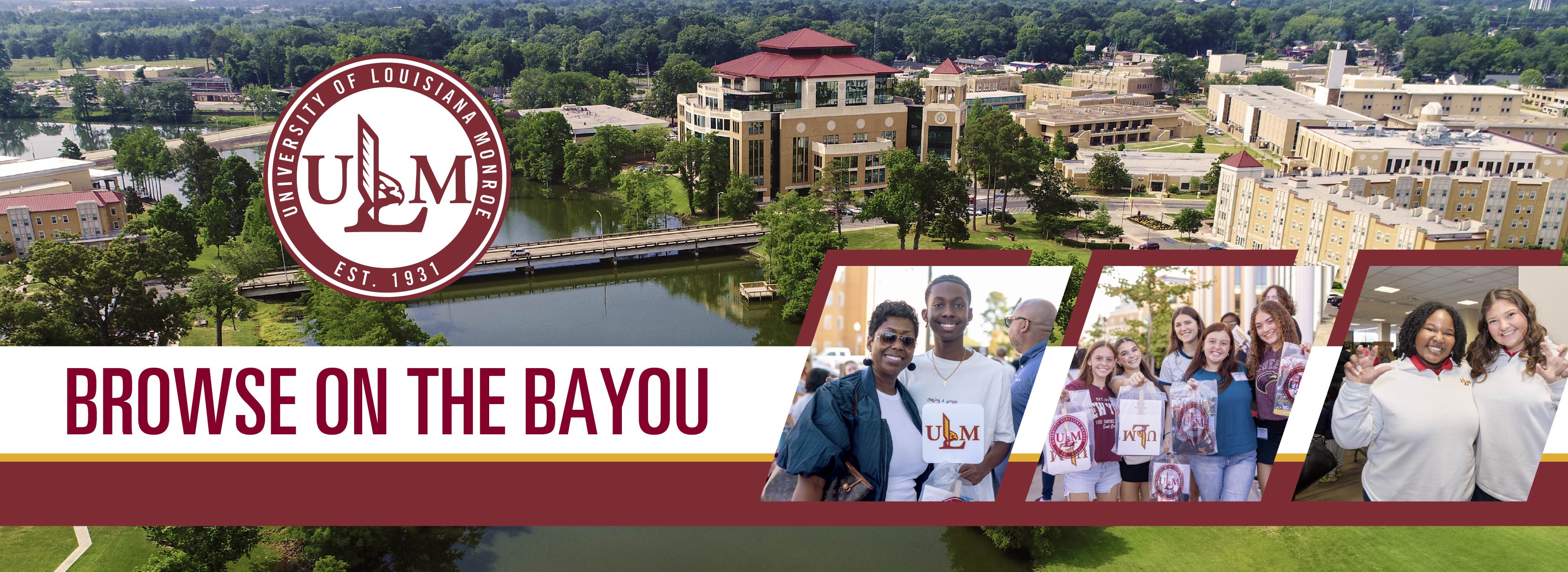 #slide3 Browse on the Bayou 2026, collage of photos including aerial image of campus with bayou, mother and son visiting campus, group of friends on campus, and two female student leaders giving talons out hand signal