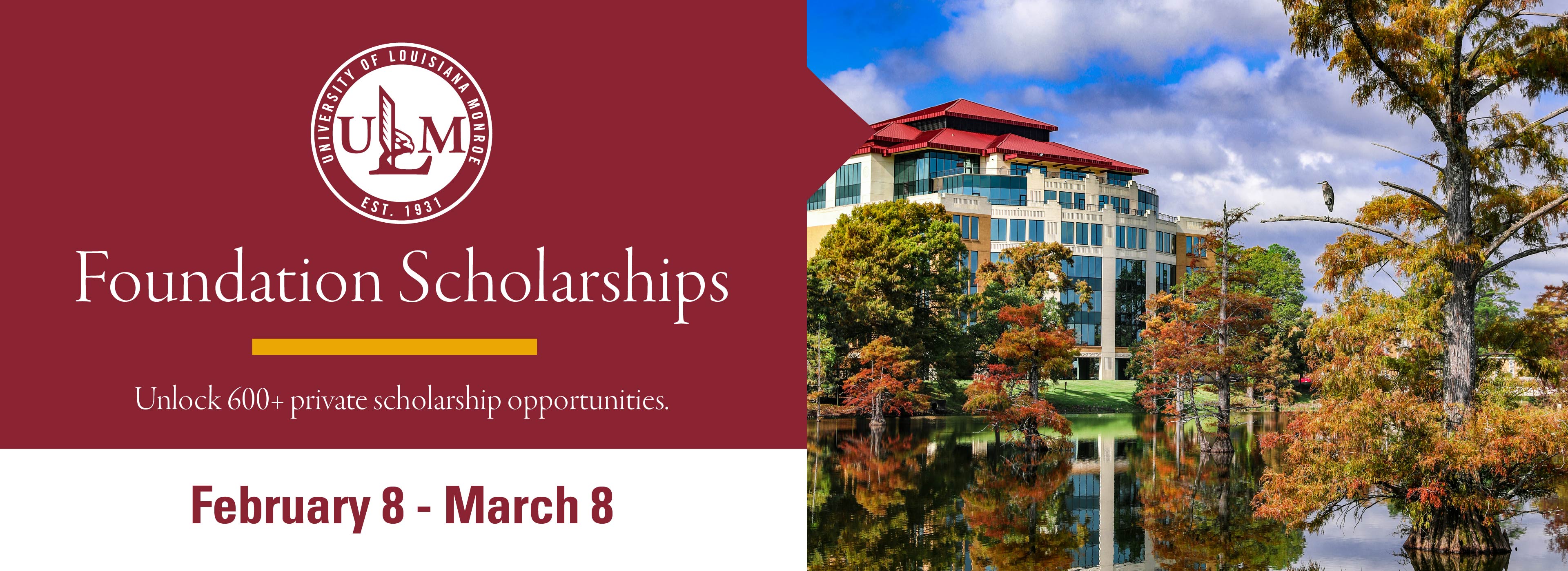 Foundation Scholarships Open February 8-March 9; Image of the ULM Library across the bayou with bird in a tree
