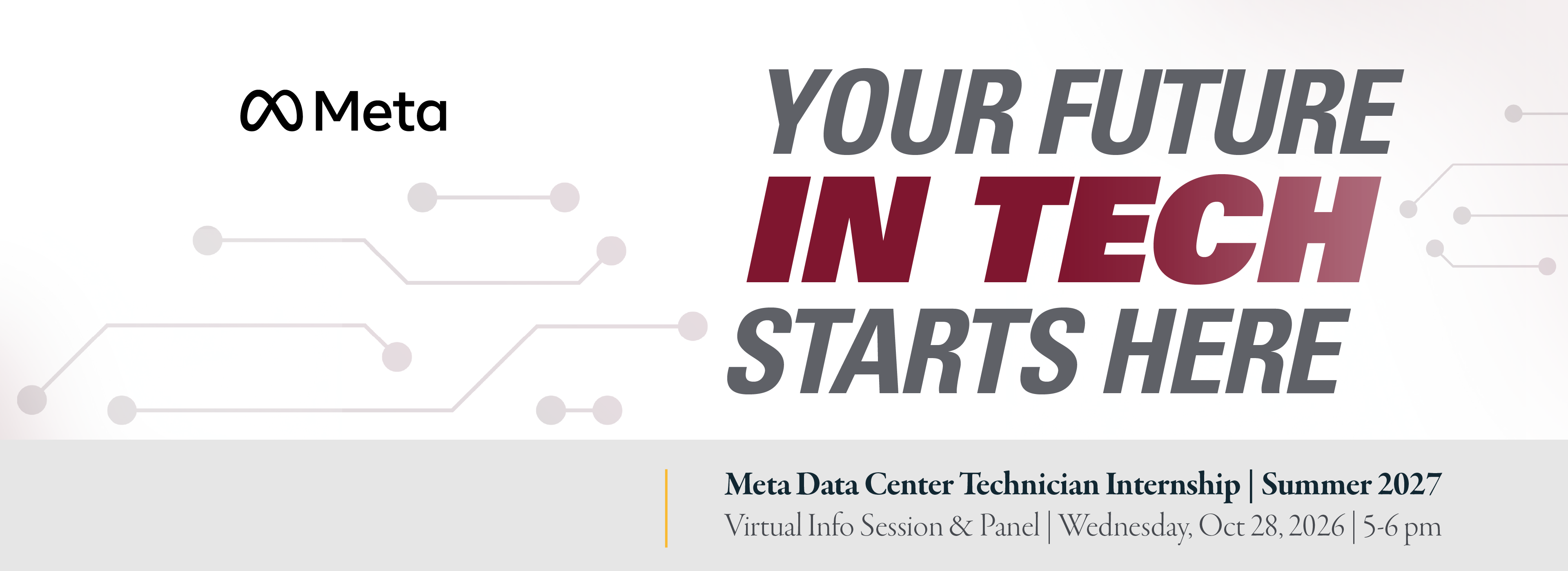 Promotional banner with Meta logo and large text “YOUR FUTURE IN TECH STARTS HERE,” plus course details and a red “REGISTER NOW” button on a light background with subtle network graphics.