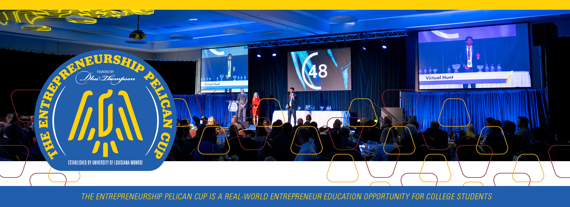 Entrepreneurship Pelican Cup Logo, Image of Awards Ceremony, Audience members watching student present on stage