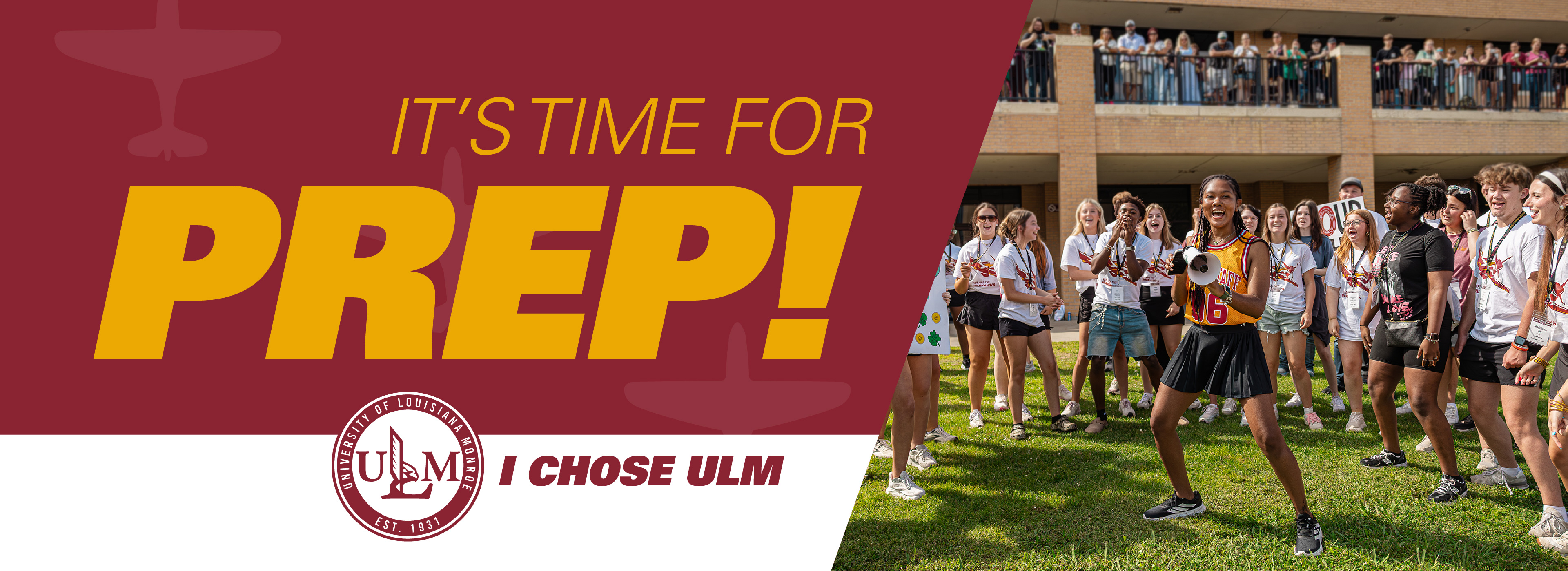 Students and leaderss at PREP orientation cheering and showing excitement, fun, and school spirit.