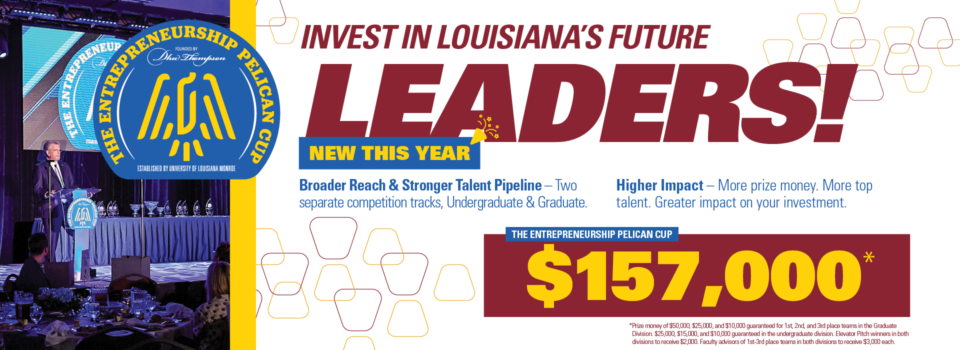 Promotional banner for The Entrepreneurship Pelican Cup title "Invest in Louisiana's Future Leaders!" featuring a $157,000 prize pool and announcing two separate competition tracks for undergraduate and graduate students.