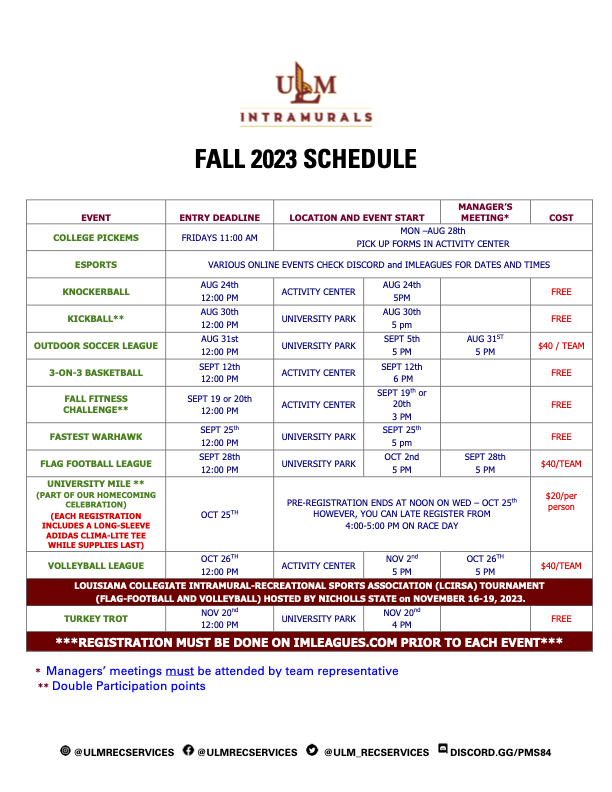 Fall 2023 Intramural Schedule 