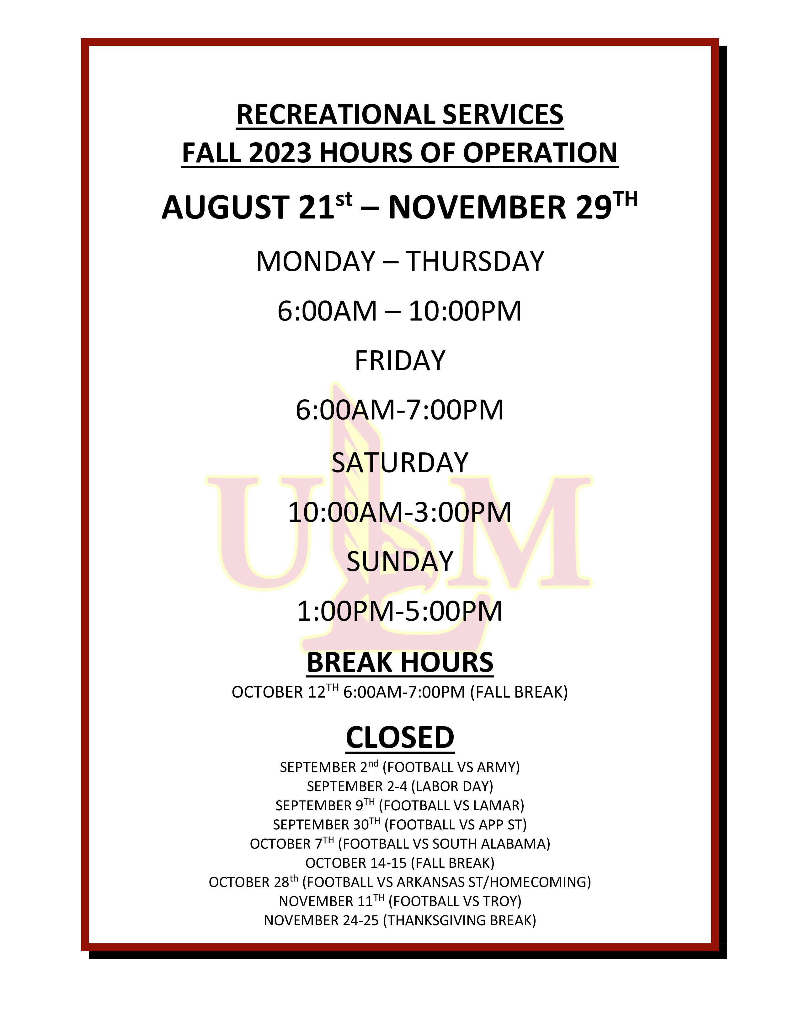 Fall 2023 Hours of Operation
