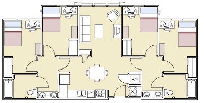 Four-bedroom, two-bath apartment floor plan with shared living room and dining area in the center, full kitchen along the bottom, washer and dryer near the kitchen, and two bedrooms with bathrooms on each side.