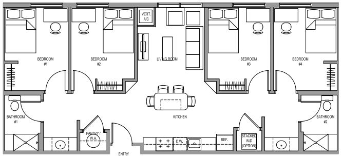 Warhawk Village Apartment 4-Bedroom Floorplan Four-bedroom, two-bath apartment layout with central living room and kitchen, two bedrooms and one bathroom on each side, pantry near entry, and optional stacked washer and dryer.