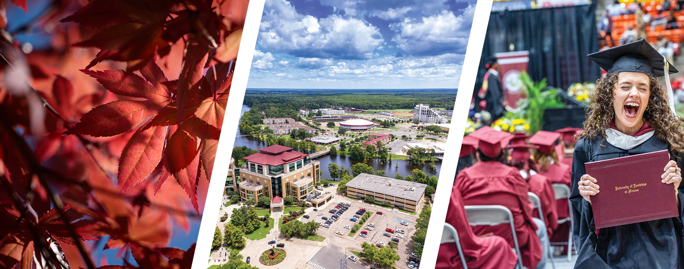Photo collage showcasing campus beauty and student's graduation
